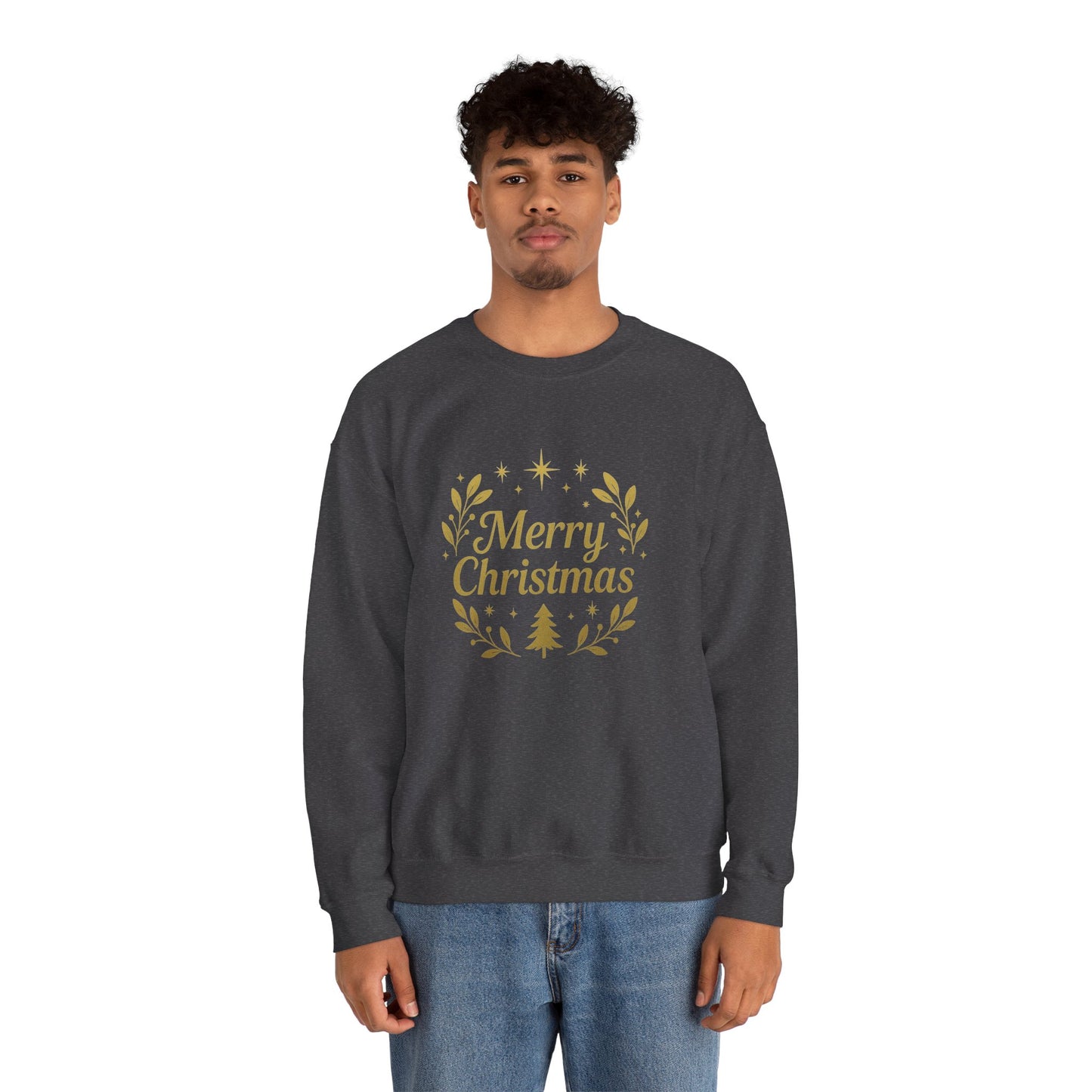 Merry Christmas Crewneck Sweatshirt — Gold Wreath Holiday Sweatshirt