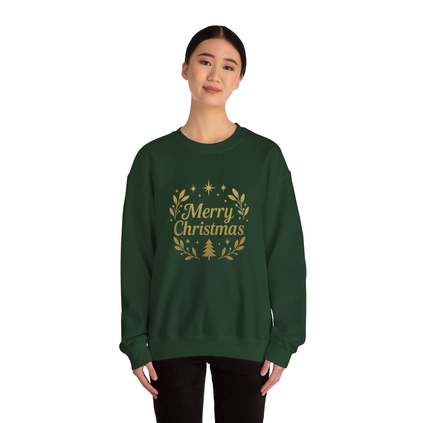 Merry Christmas Crewneck Sweatshirt — Gold Wreath Holiday Sweatshirt