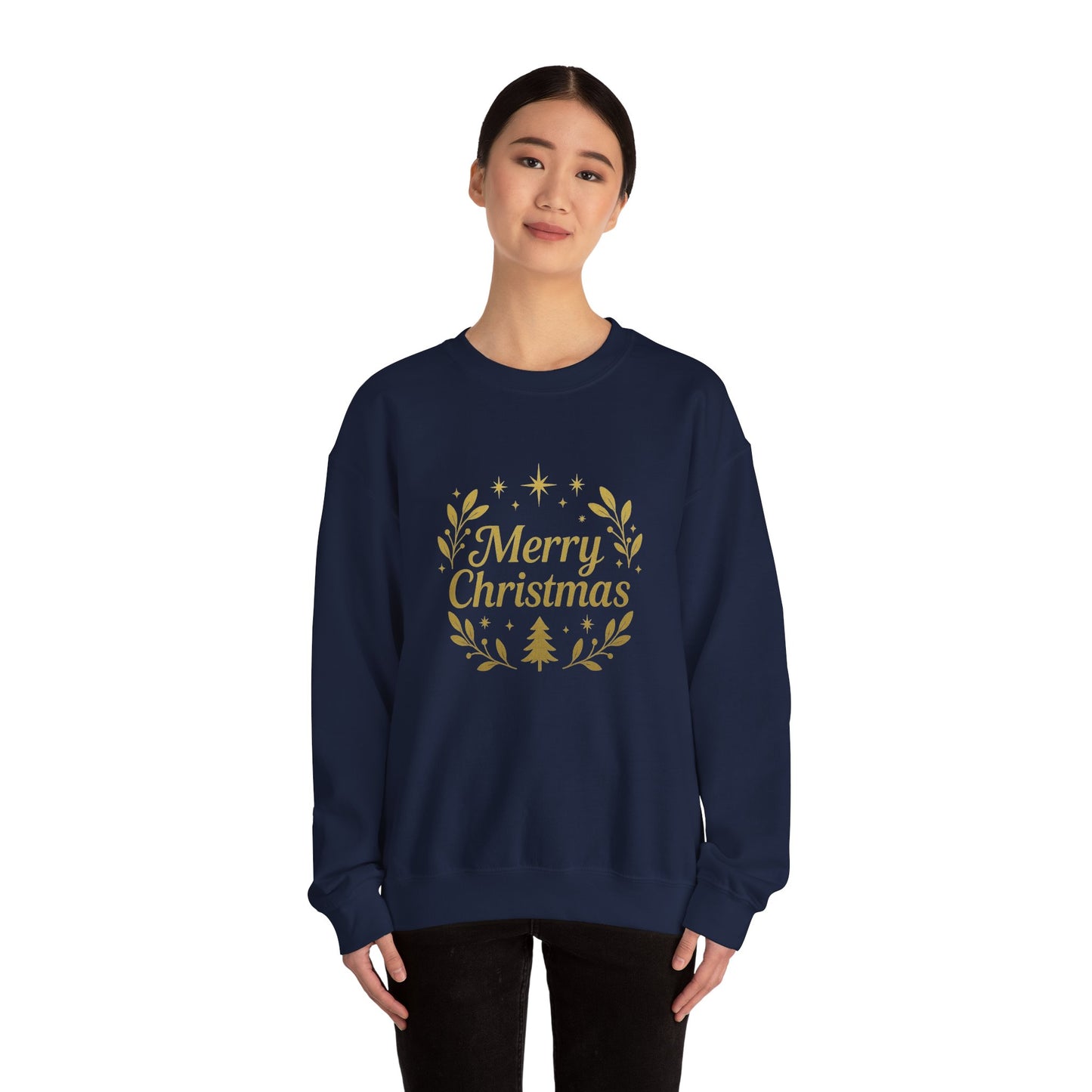 Merry Christmas Crewneck Sweatshirt — Gold Wreath Holiday Sweatshirt