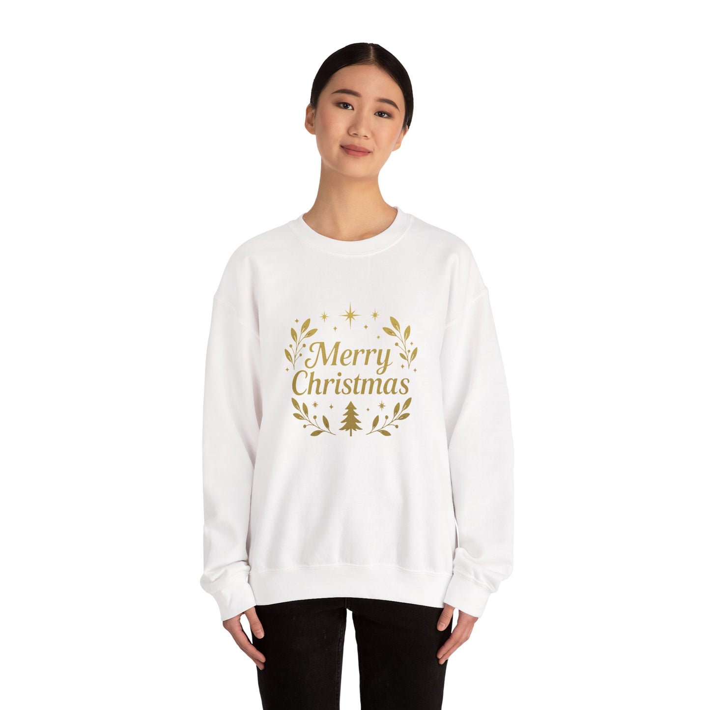 Merry Christmas Crewneck Sweatshirt — Gold Wreath Holiday Sweatshirt
