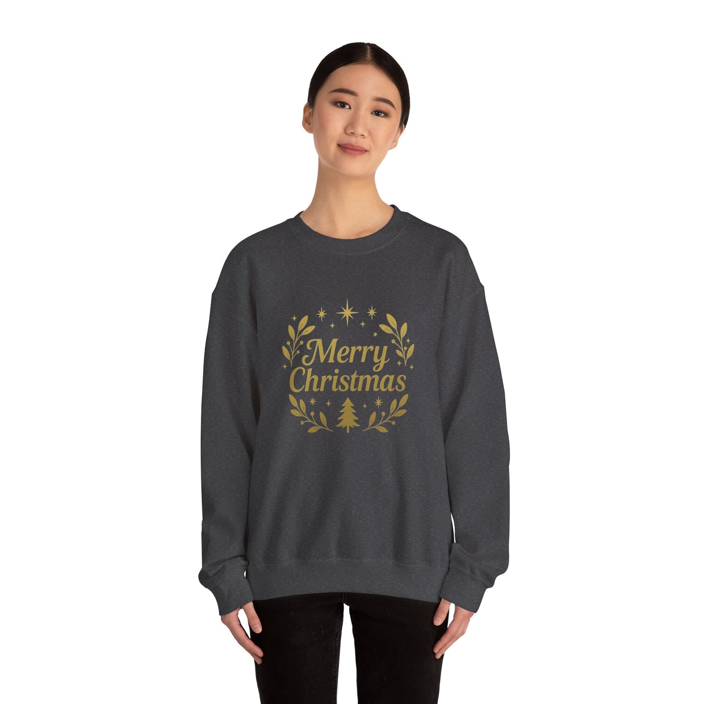 Merry Christmas Crewneck Sweatshirt — Gold Wreath Holiday Sweatshirt