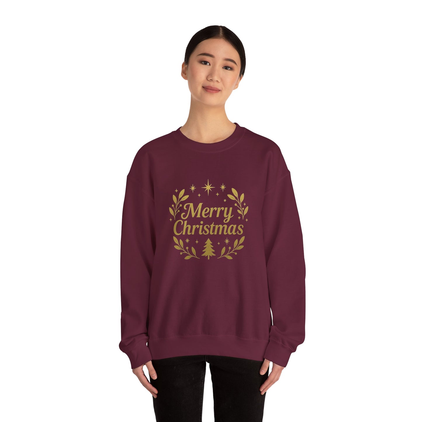 Merry Christmas Crewneck Sweatshirt — Gold Wreath Holiday Sweatshirt