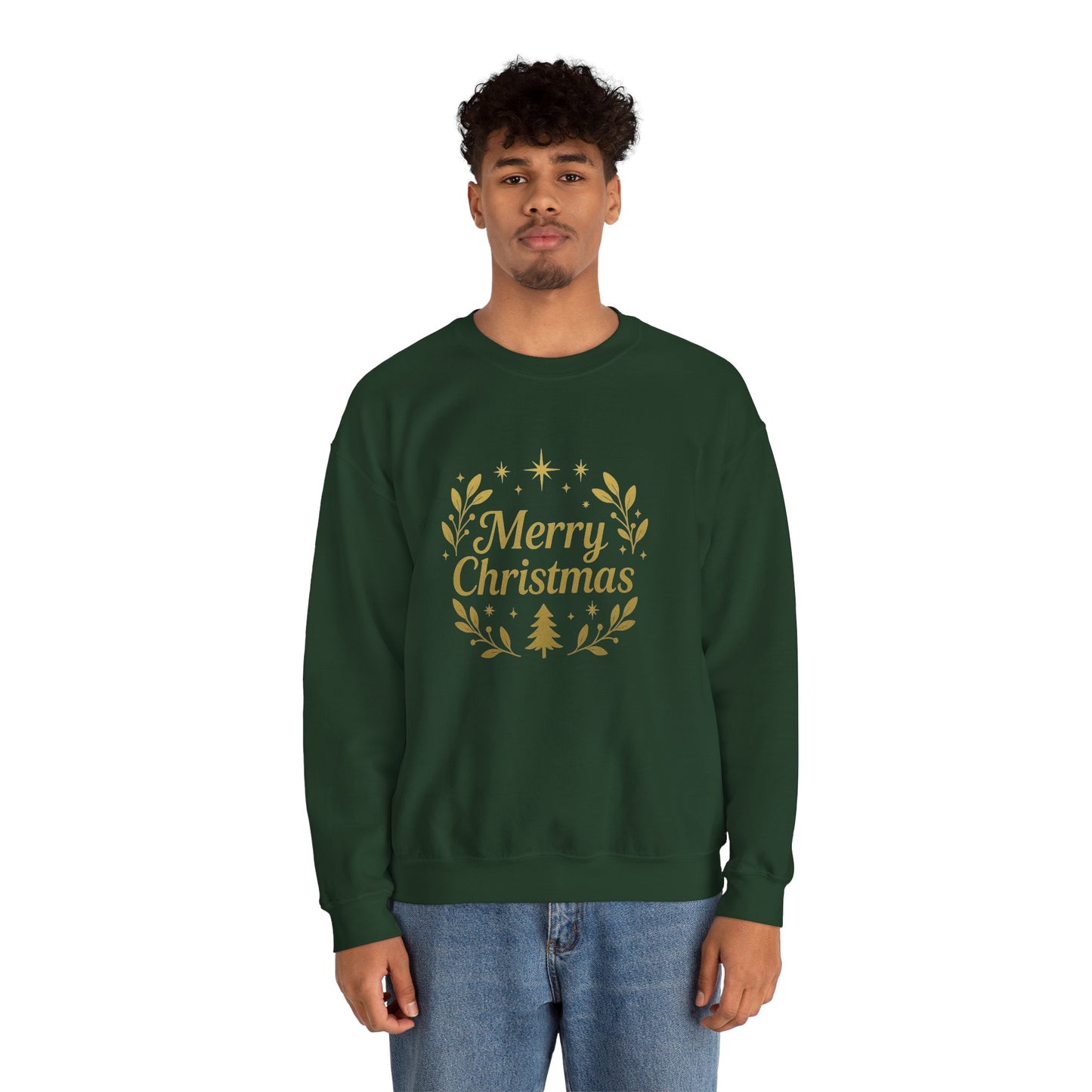Merry Christmas Crewneck Sweatshirt — Gold Wreath Holiday Sweatshirt