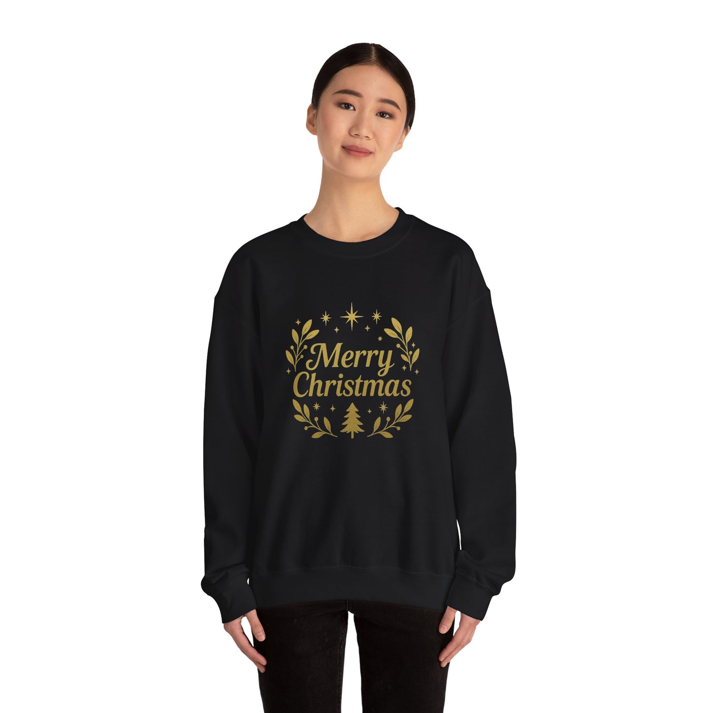 Merry Christmas Crewneck Sweatshirt — Gold Wreath Holiday Sweatshirt