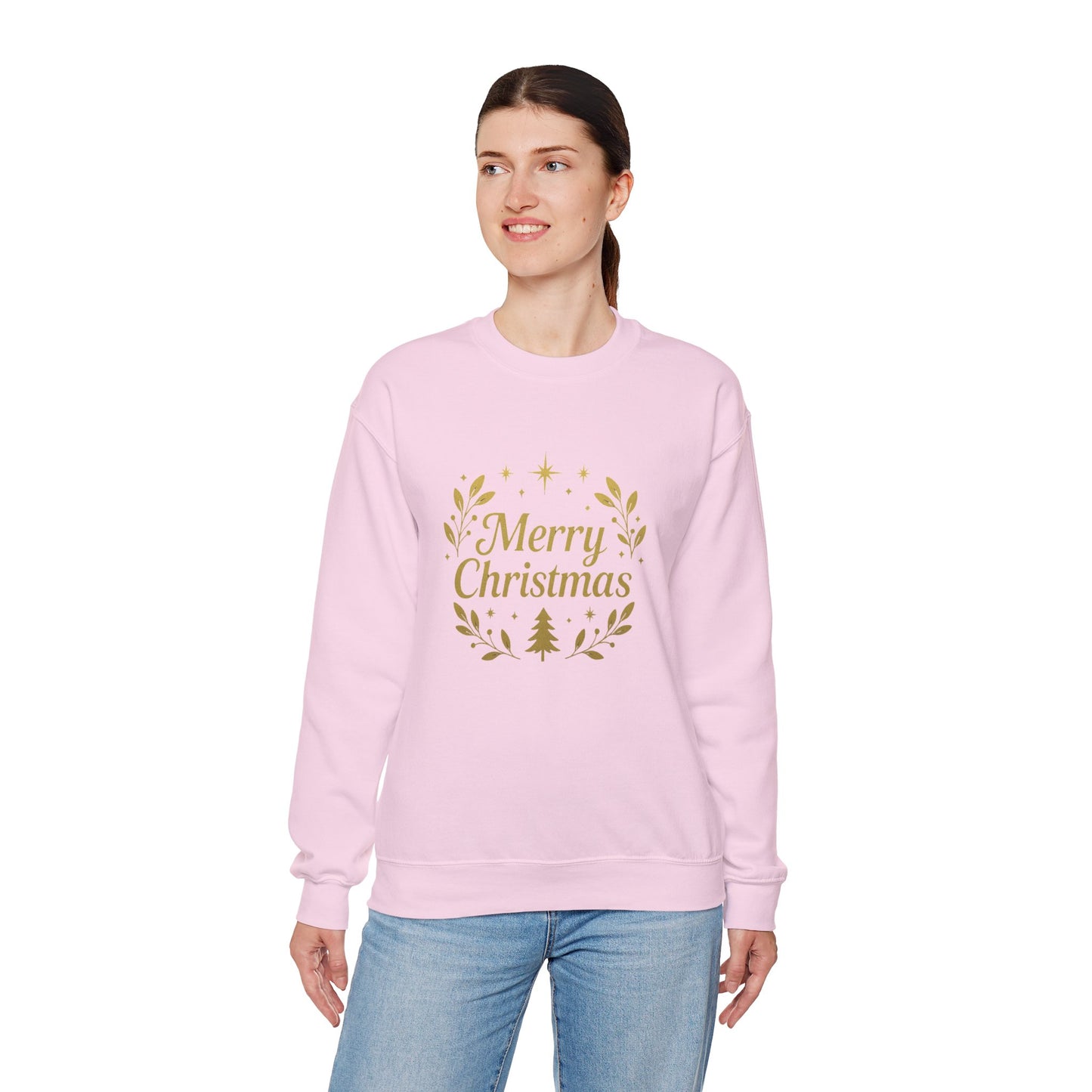 Merry Christmas Crewneck Sweatshirt — Gold Wreath Holiday Sweatshirt