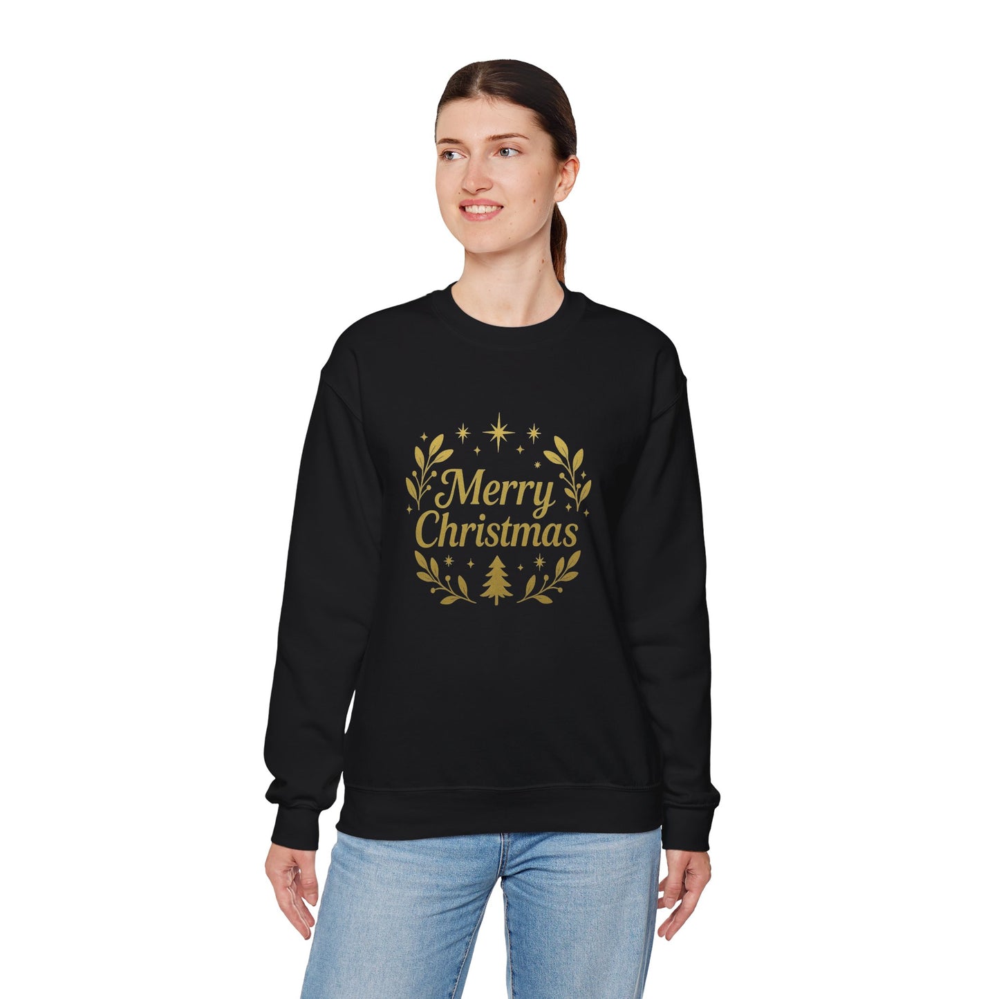 Merry Christmas Crewneck Sweatshirt — Gold Wreath Holiday Sweatshirt