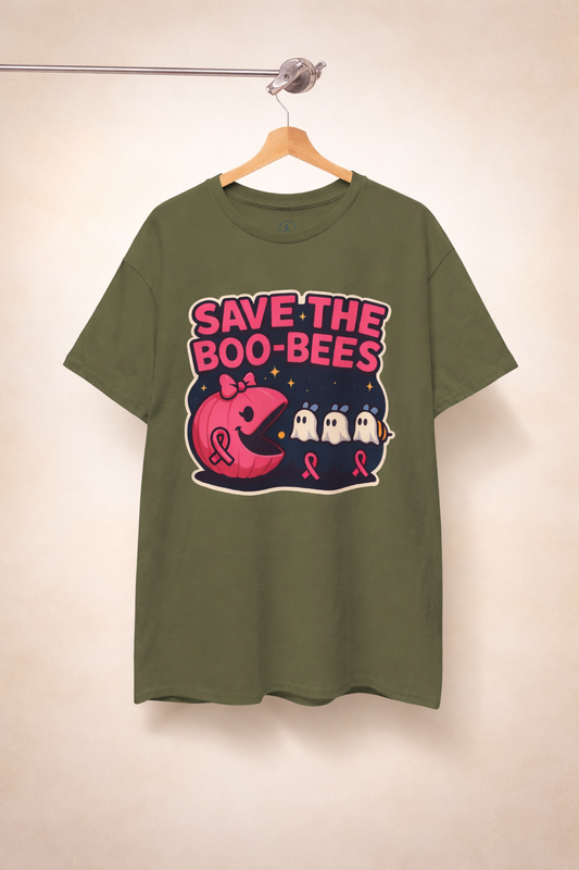 Breast Cancer Awareness Tee, Save the Boo-Bees Shirt, Unisex Cotton T-Shirt, Funny Awareness Gift, Pink Ribbon Apparel, Halloween Humor Tee